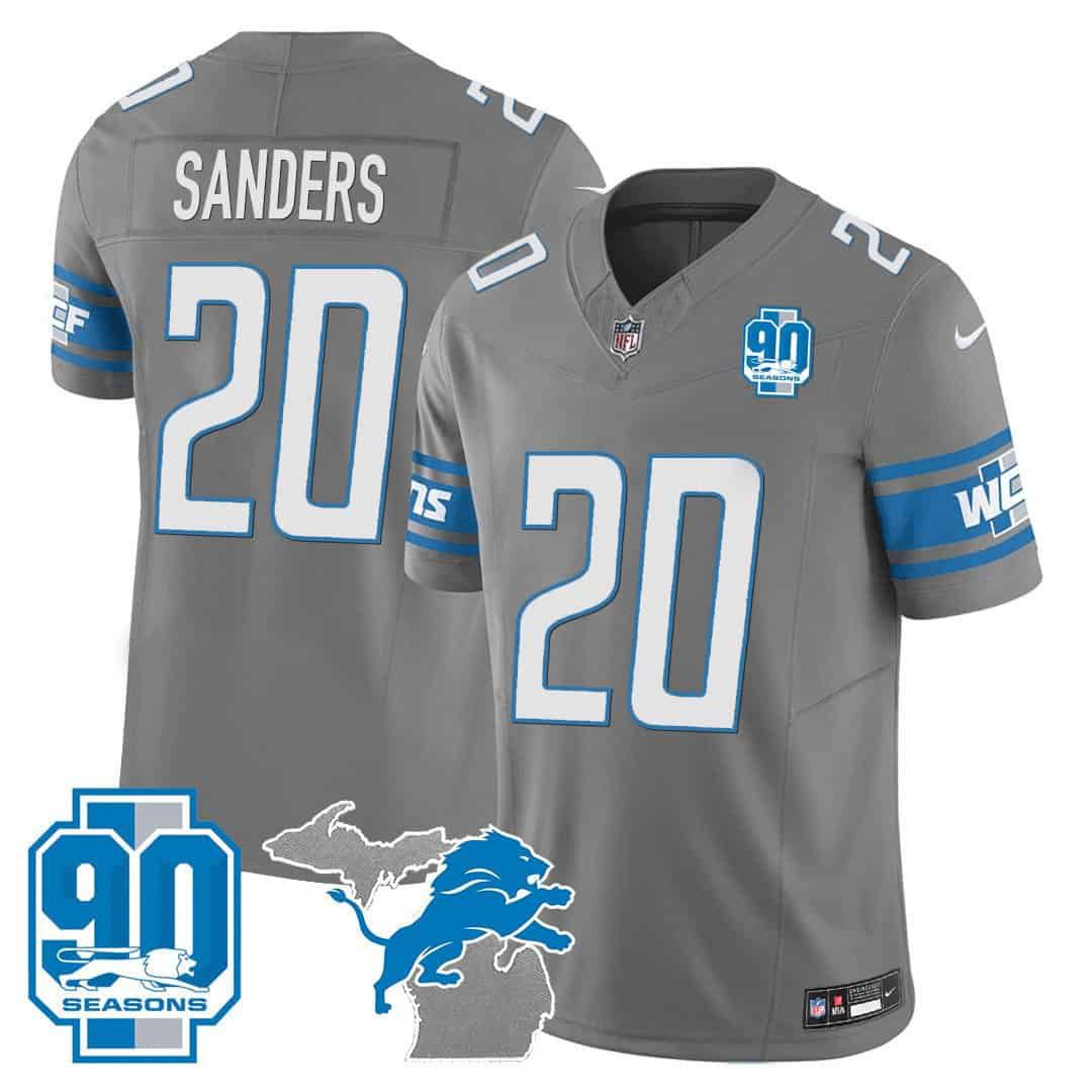 Men Detroit Lions 20 Sanders Grey 2024 Nike 90th Year Michigan Patch Vapor NFL Jersey
